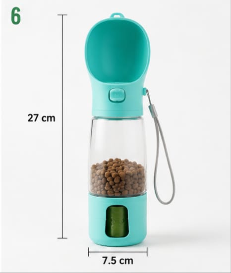 Botella portátil 4 en 1 para perros y mascotas | Agua, Alimento y Dispensador de bolsas