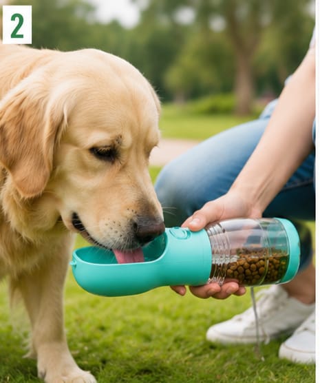 Botella portátil 4 en 1 para perros y mascotas | Agua, Alimento y Dispensador de bolsas