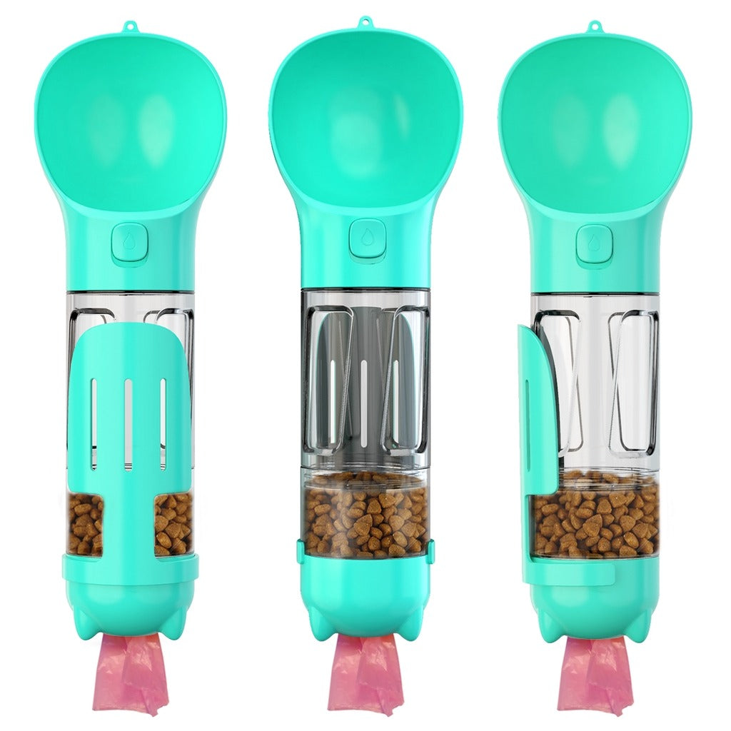 Botella portátil 4 en 1 para perros y mascotas | Agua, Alimento y Dispensador de bolsas