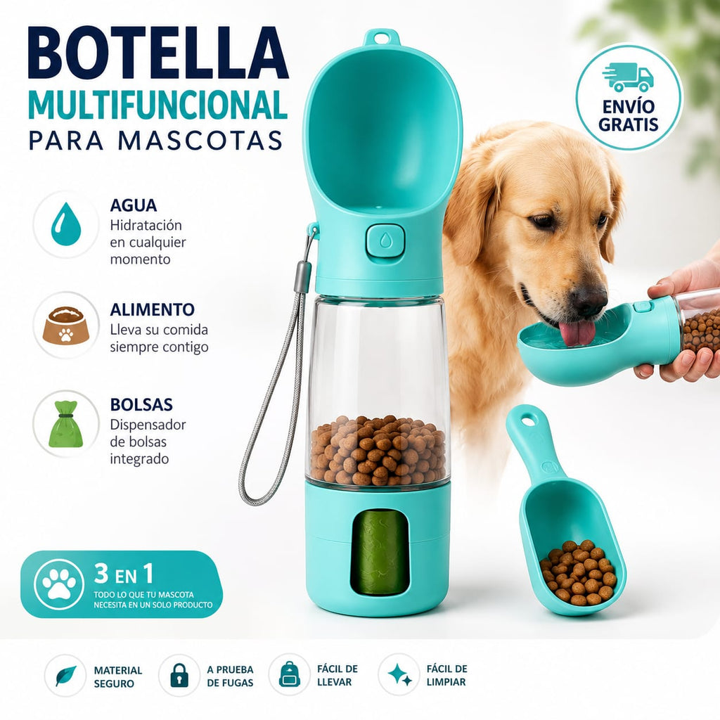 Botella portátil 4 en 1 para perros y mascotas | Agua, Alimento y Dispensador de bolsas