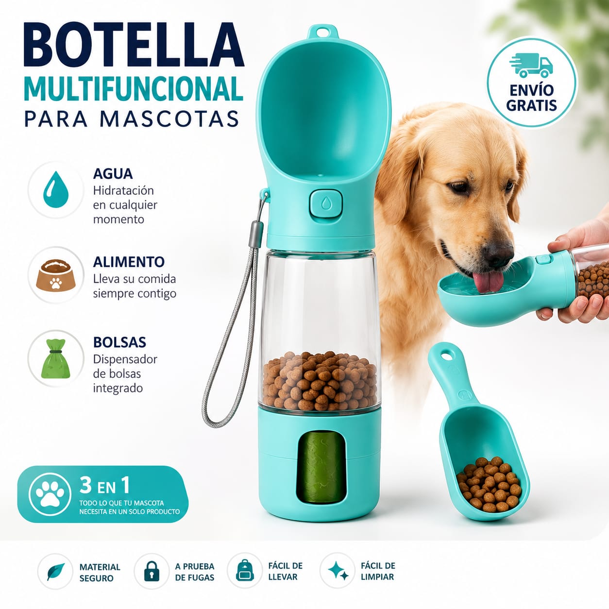 Botella portátil 4 en 1 para perros y mascotas | Agua, Alimento y Dispensador de bolsas