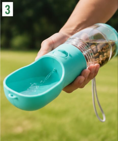 Botella portátil 4 en 1 para perros y mascotas | Agua, Alimento y Dispensador de bolsas