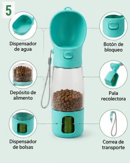 Botella portátil 4 en 1 para perros y mascotas | Agua, Alimento y Dispensador de bolsas